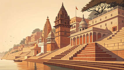 Naklejka premium Indian River Ghats Cityscape Illustration with Temple Architecture and Steps at Sunrise.
