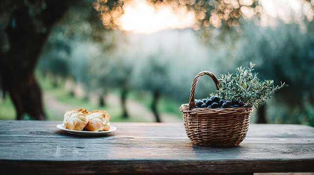   A wooden table holds a blueberry basket and a slice of bread nearby