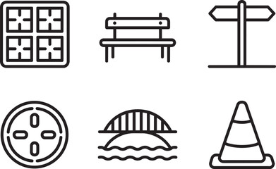 Naklejka premium City elements icons for urban infrastructure, public spaces, and street furniture