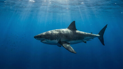 Fototapeta premium Serene Great White Shark Navigating Through Sun Rays in Deep Water