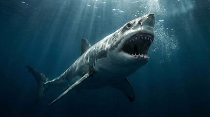 Fototapeta premium Enraged Great White Shark Attacking with Open Jaws and Bubbles
