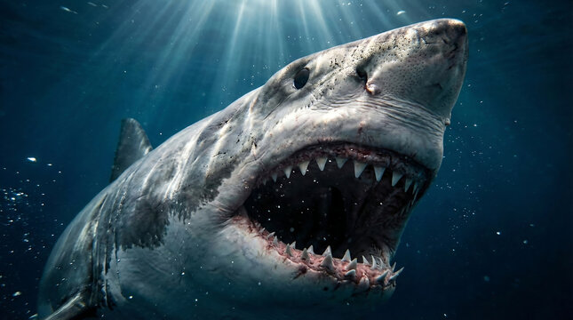 Aggressive Great White Shark Close Up Showing Sharp Teeth Underwater