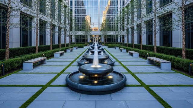A formal courtyard with fountains, trees, and benches between large glass-fronted buildings