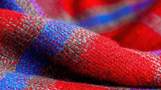   Red, blue, and grey plaid detail on woolen fabric