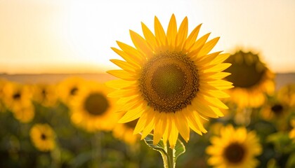 Obraz premium Sunflower in full bloom with golden light evokes summer vibrance, natural beauty, and seasonal agricultural charm