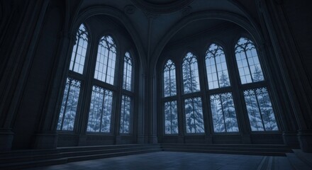 Obraz premium A grand gothic hall with arched windows offering a snowy winter forest view