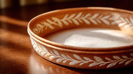   A bowl and plate sit on a wooden table, with the bowl being brown and white