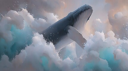   A stunning humpback whale jumps through azure waves amidst a tempestuous sky of blue-white clouds in this captivating painting