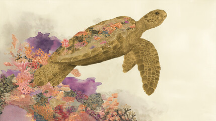   A painting of a sea turtle amidst corals and marine life, against a backdrop of white sky