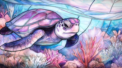   Sea turtle swim in coral-filled ocean