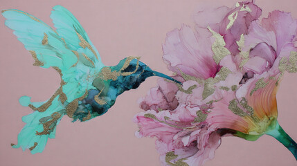   A painting depicts a hummingbird hovering beside a pink flower, adorned with golden highlights on its wings
