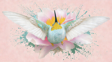   A hummingbird painted on pink canvas with a floral focal point in front and a splashed background