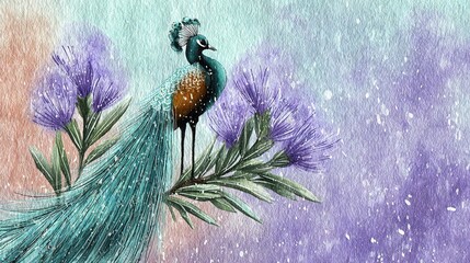   A peacock on a branch with purple flowers in the foreground and a blue sky in the background