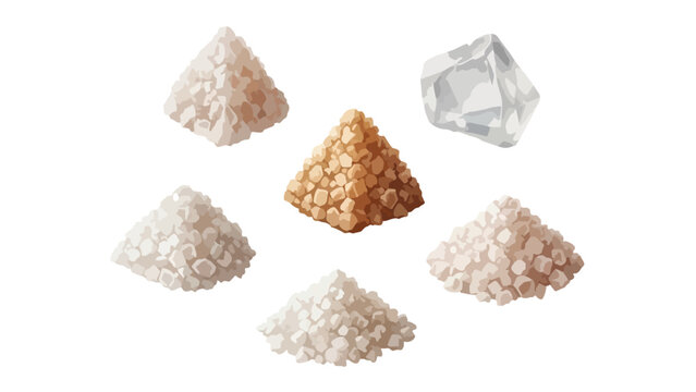 An assortment of natural mineral salts presented as distinct granulated piles alongside a single large crystalline chunk highlighting texture and