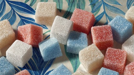  A stack of multicolored sugar cubes resting on a blue-and-white tablecloth