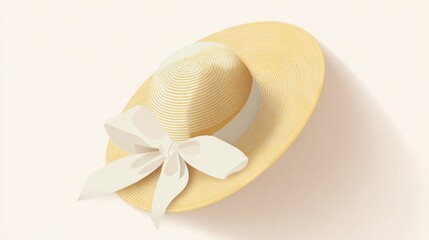   A hat adorned with a yellow bow and a white ribbon tied to the brim