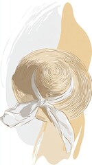   Straw hat adorned with white ribbons on both the brim and edge