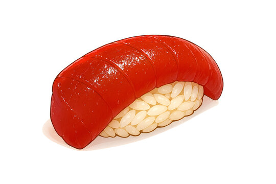 White Background Anime Style, Akami Tsuke Sushi Illustration, Semi-Realistic Marinated Tuna Nigiri with Glossy Texture