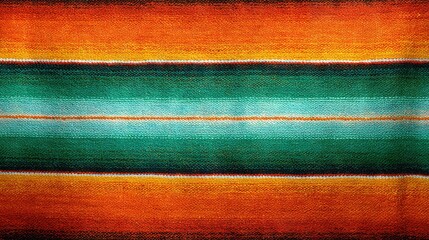   An orange, green, and yellow striped rug has black borders on both ends