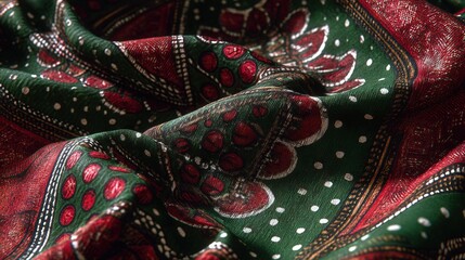   A red, green, and white bandana with a flower design on its side