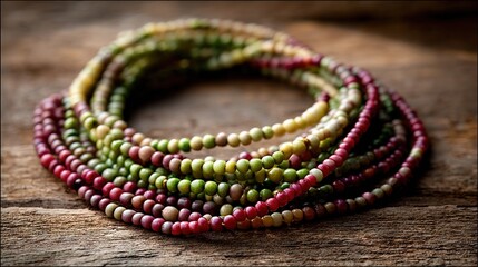   A multicolored bead stack rests on a wooden table with a wooden piece beside it