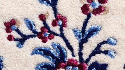   A macro shot of a rug featuring red, white, and blue blooms against a pure white backdrop, with complementary color accents