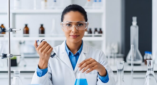 Woman scientist in lab coat and goggles uses pipette with blue liquid in flask laboratory research