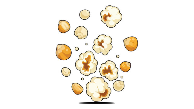 A delightful animated illustration showcasing various popcorn pieces and unpopped kernels playfully scattered against a crisp white backdrop,