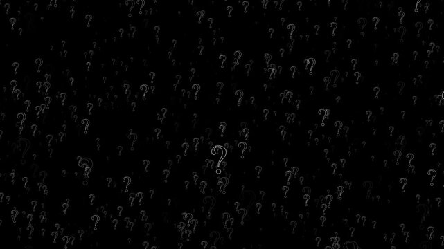 Abstract Falling Question Marks On Black Background  Animated Loop Of Doubt, Inquiry, And Uncertainty Symbol, Animated Falling Question Marks On Black Abstract Background For Mystery, Doubt, Inquiry, 