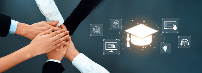 A dynamic image showing diverse hands united in teamwork, emphasizing collaboration in education. The digital graduation cap icons represent modern learning and success. Trope