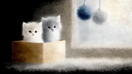   Two white kittens in a box with Christmas ornament on window sill