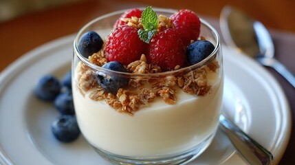   Glass of yogurt with granola, berries, and mint on white plate with spoon