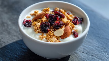   A bowl of blue yogurt with crunchy granola, savory nuts, and sweet dried cranberries on a white surface