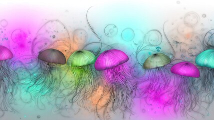   A cluster of jellyfish gracefully drifting amidst a backdrop of vibrant blue and blush-pink, with subtle swirls and bubbles surrounding them