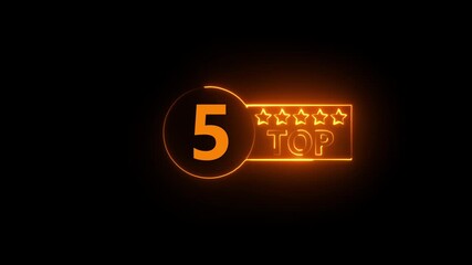 Glowing neon top 5 star rating icon animation on dark background. Top 5 star customer product rating review icon. Symbol, advertising badge,ranking, review, rating, or awards. - Powered by Adobe