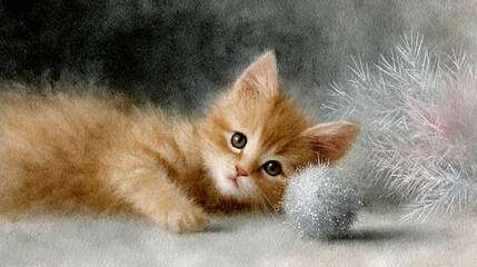   A small orange kitten lays on a white floor beside a silver ball and a white Christmas tree
