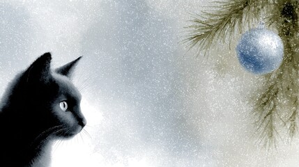   A black cat sitting next to a Christmas tree with a blue ornament dangling from its side