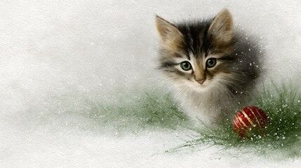   A tiny kitten beside a festive Christmas ornament on a lush green lawn amidst freshly fallen snow