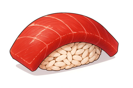 Anime Style, Akami Tsuke Sushi Illustration, Semi-Realistic Marinated Tuna Nigiri with Glossy Texture on White Background