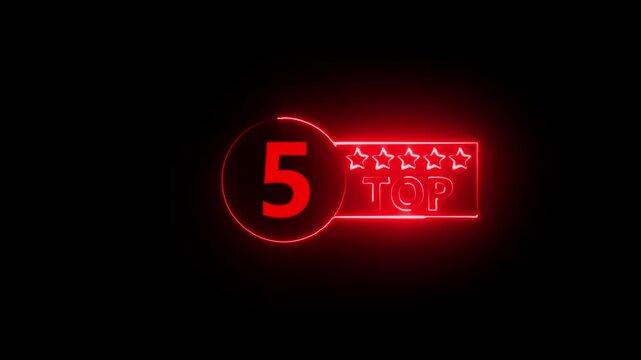 Glowing neon top 5 star rating icon animation on dark background. Top 5 star customer product rating review icon. Symbol, advertising badge,ranking, review, rating, or awards.