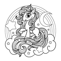 A cute unicorn on a cloud with a rainbow of stars and rainbow flowers. Black and white line art. Suitable for children's coloring book designs, prints, posters, cards, stickers, etc. Vector