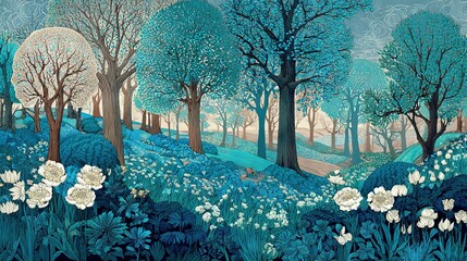   A person sits on a bench amidst a blue forest, surrounded by trees and flowers in a painting