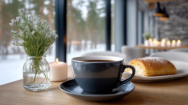   A cup of coffee sits on a table with a slice of bread nearby
