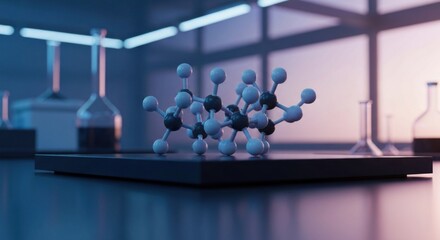 A molecular model on a lab bench with glassware in a soft-lit, futuristic setting