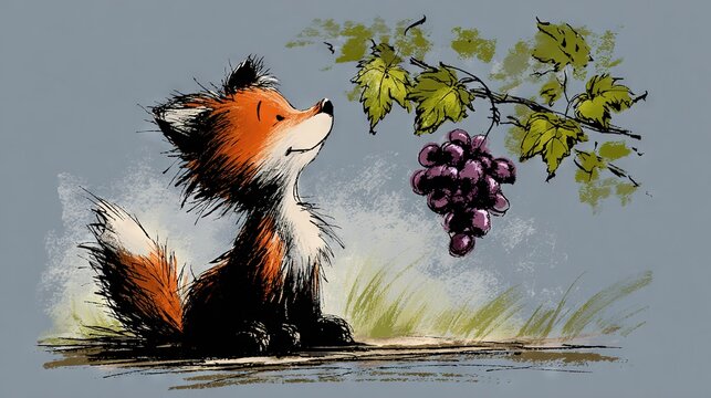   Drawing of a fox examining clusters of grapes swaying from a tree against a blue sky backdrop with lush green foliage