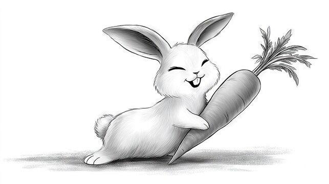   A black-and-white sketch of a bunny cradling a carrot, its eyes shuttered