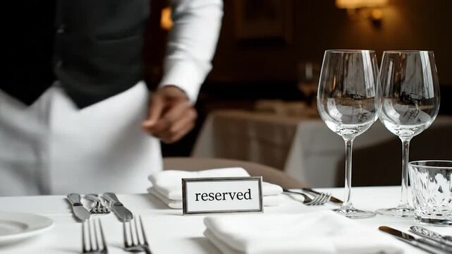 A waiter places a "reserved" sign on a pristine white tablecloth, beside wine glasses