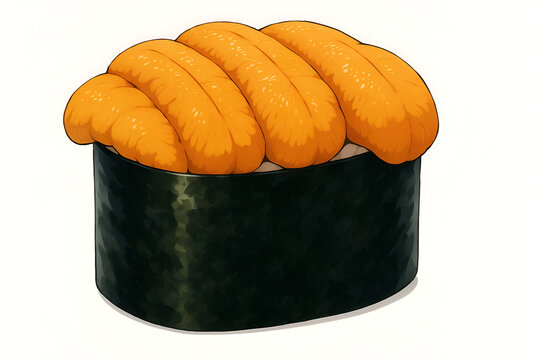 White Background, Anime Style Uni Sushi Illustration in Semi-Realistic, Sea Urchin Gunkan Sushi Wrapped in Nori, Premium Japanese Cuisine Isolated