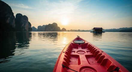 A red kayak glides across calm waters at sunrise, surrounded by towering rock formations