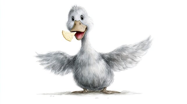   Duck with bread in mouth & spread wings